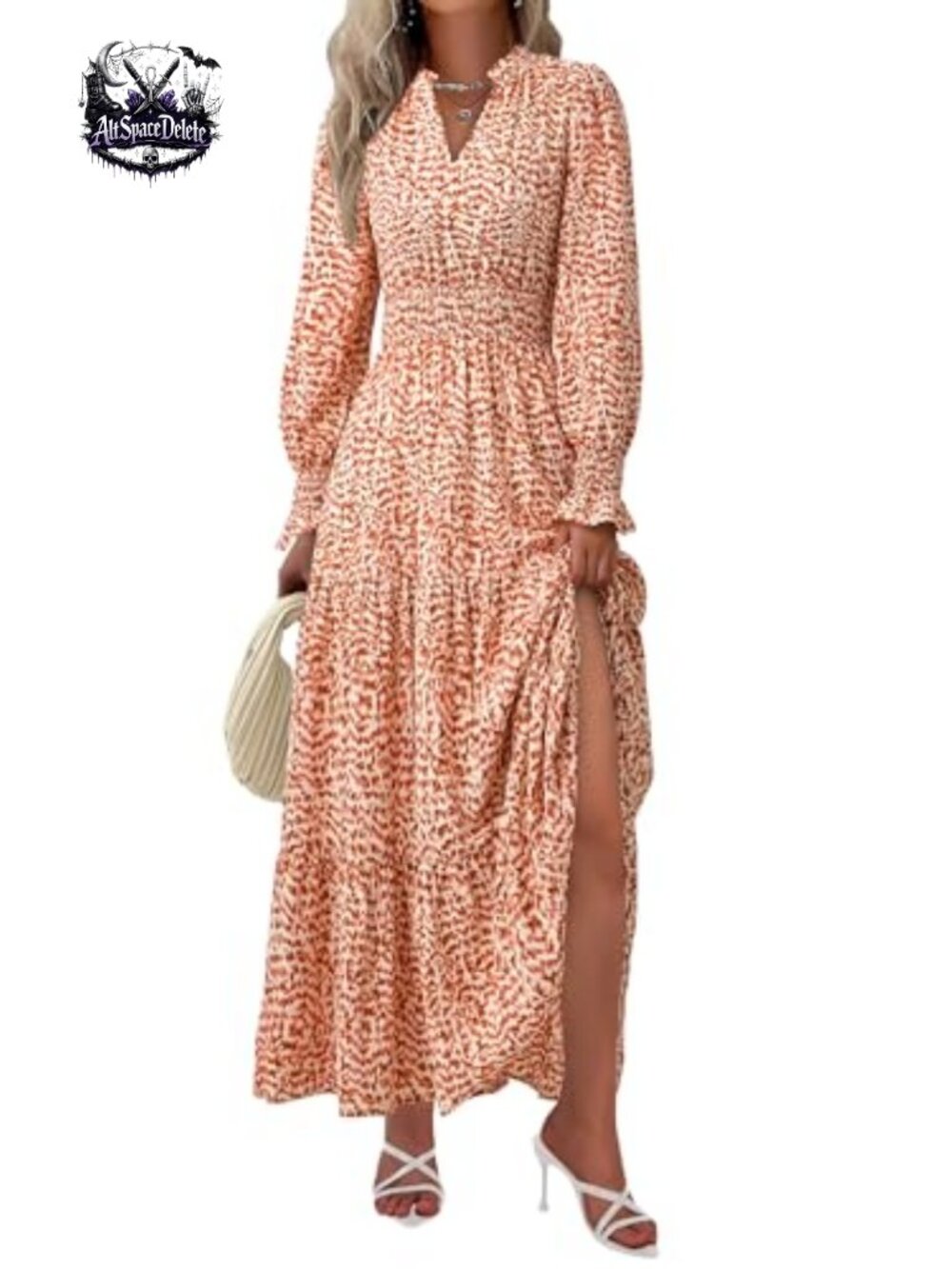 Floral Maxi Dress Long Sleeve V Neck A Line Ruffle Hem Boho